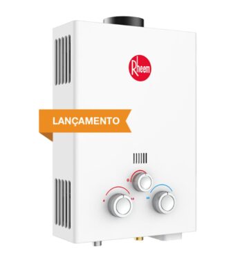 Aquecedor a gás Rheem 7 litros por minuto – modelo compacto com acendimento automático por membrana, ideal para residências com um ponto de uso.