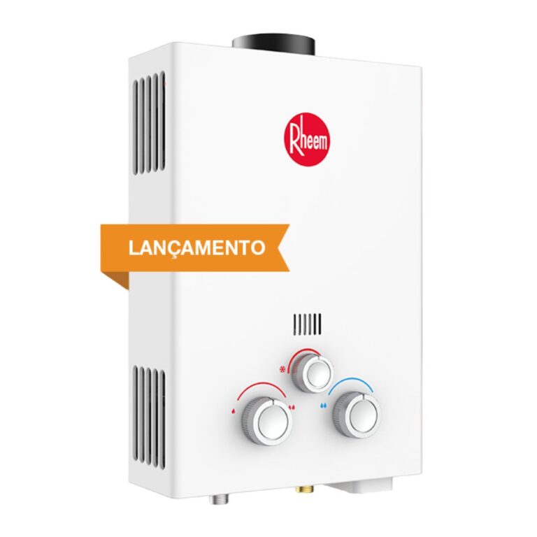 Aquecedor a gás Rheem 7 litros por minuto – modelo compacto com acendimento automático por membrana, ideal para residências com um ponto de uso.