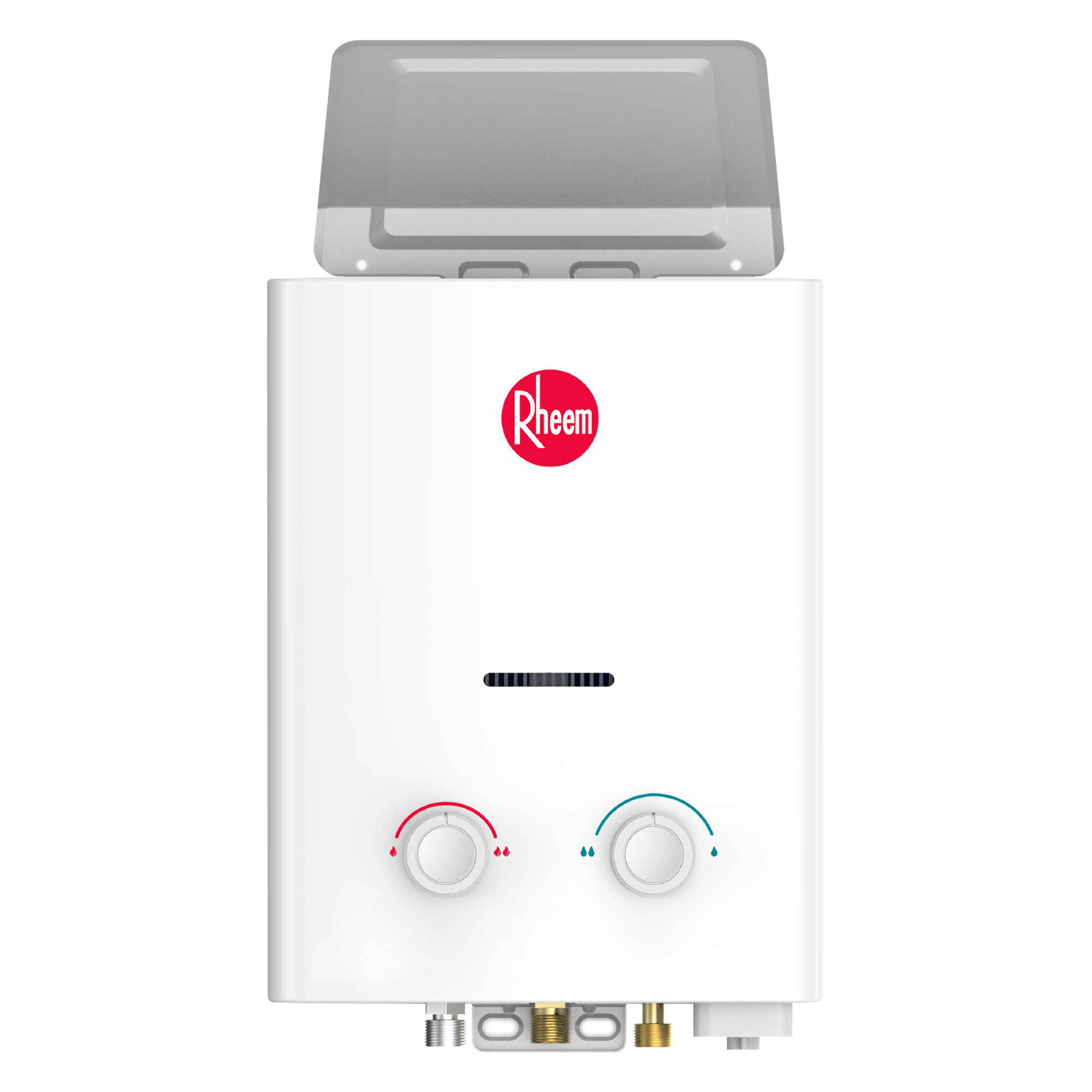 Aquecedor de passagem a gás Rheem lançamento, modelo compacto com design moderno e fácil controle de temperatura.