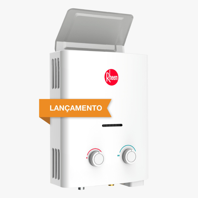 Aquecedor de passagem a gás Rheem lançamento, modelo compacto com design moderno e fácil controle de temperatura